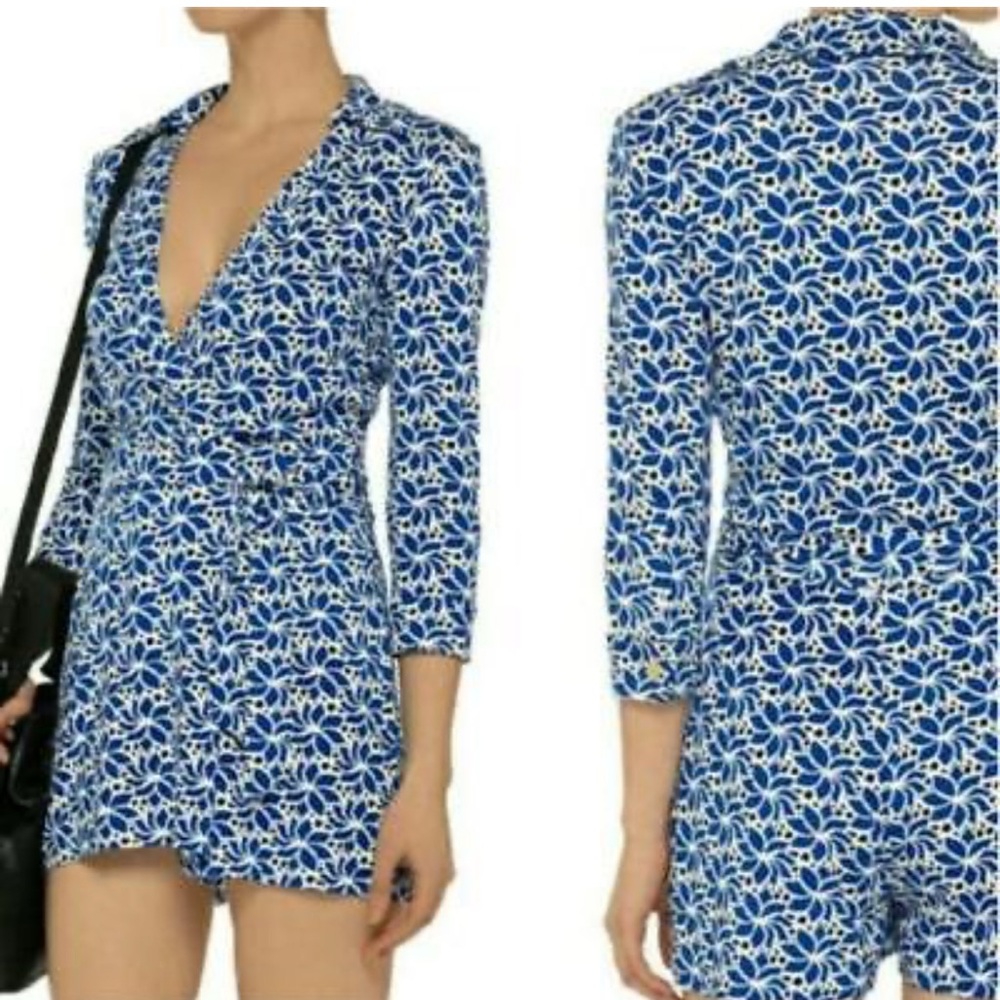 NWT Diane Von Furstenberg DVF Celeste Printed Romper Blue White Floral Size 14